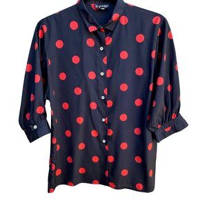 Julien Paris Vintage Womens Black Red Polka Dot Button 3/4 Sleeve Flowy Blouse L
